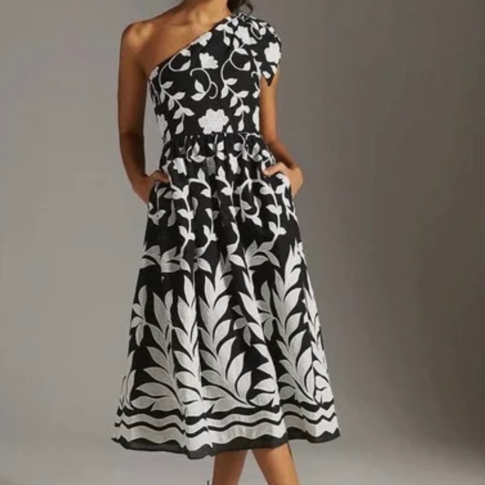 Anthropologie Maeve One Shoulder Embroidered Midi Dress, Size 0